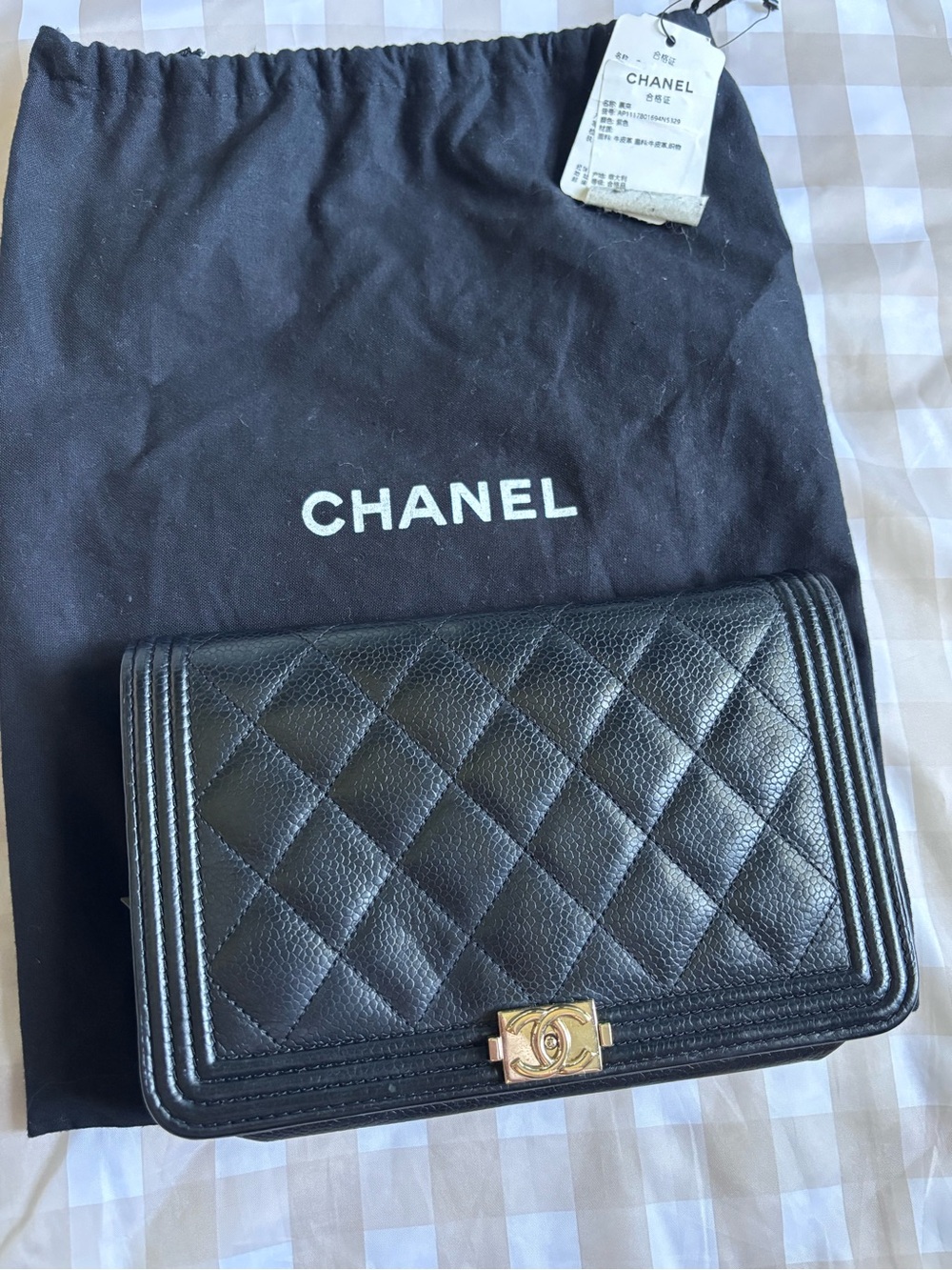 CHANEL Black Caviar Boy Wallet on Chain with Gold Hardware